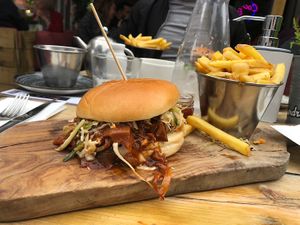 BBQ jackfruit burger and fries at The Laundrette in Chorlton