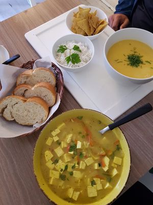 Soup El Thai with tofu and Soup La Aruba at Cafe del Mundo in La Paz