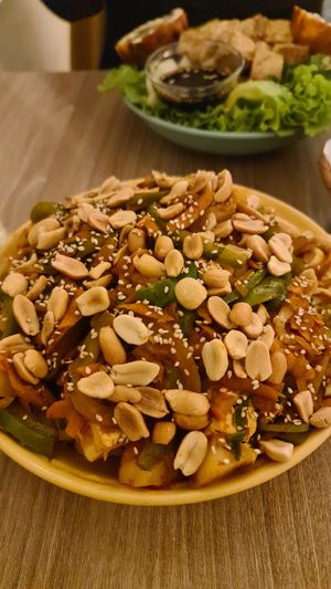 Indonesian Noodles with Tofu (portion is easily enough for two people) at Cafe del Mundo in La Paz