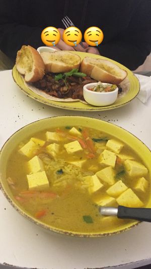 Thai curry soup with tofu  at Cafe del Mundo in La Paz
