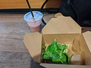 Avocado toast (spinach instead of sprouts), strawberry shake. $13. at E+ROSE Wellness Cafe - Gulch in Nashville