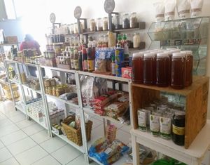 Shelves with spices, but butters, salsas etc. at Punto De Origen in Cuernavaca