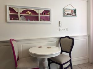 One of the two tables in the cafe at Vegan a la Turca in Bodrum