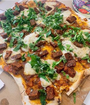 Vegan pizza with Turkish salami at Vegan a la Turca in Bodrum