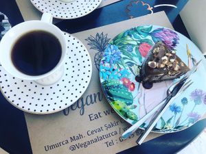 Chocolate cake which was delicious and coffee  at Vegan a la Turca in Bodrum