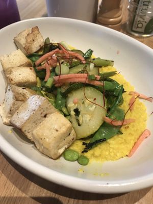 Seasonal bowl - cauliflower polenta with green veggies and added tofu  at True Food Kitchen in The Woodlands