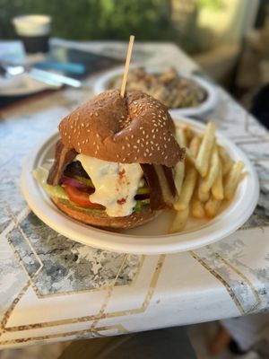 Vegan burger with seitan bacon and cashew cheese  at Vegan Xpress in Mitzpe Ramon