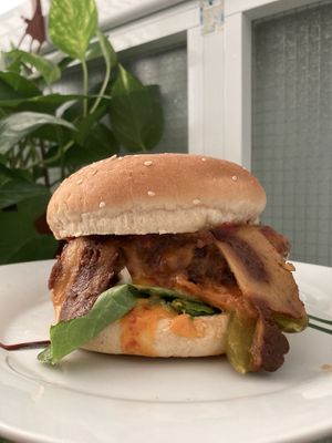 Mushroom burger with bacon and almond cheddar cheese (vegan) at Vegan Xpress in Mitzpe Ramon