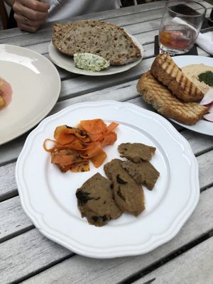 Carrot lax and homemade seitan, hummus, corn-pâté   at Wir Komplizen in Frankfurt