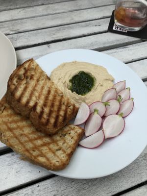 Hummus and homemade bread   at Wir Komplizen in Frankfurt