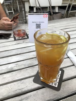 homemade sugarfree ice-tea with Maracuja   at Wir Komplizen in Frankfurt