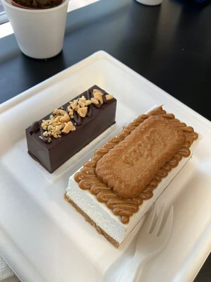 Lotus cookie cheesecake and chocolate bar filled with caramel and peanut butter. at Radagast Vegan Bakery in Rome