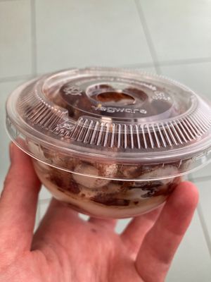 Tiramisù serving in a compostable container  at Radagast Vegan Bakery in Rome
