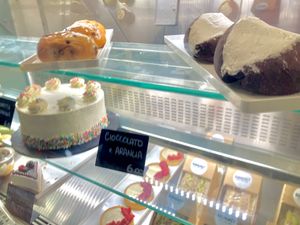 Some of the choices: cakes, pies, tarts, sandwiches, vegan maritozzi filled with whipped cream (top right) at Radagast Vegan Bakery in Rome