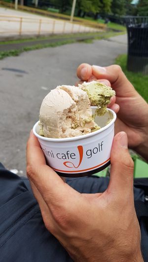 Pistacchio + hazelnut flavors at Mini Cafe Golf in Ljubljana