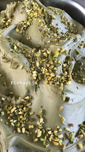 Pistachio vegan ice cream. at Mini Cafe Golf in Ljubljana