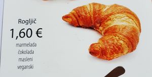 Vegan croissant in the menu.

Photo by: Irena Č. on Facebook at Mini Cafe Golf in Ljubljana