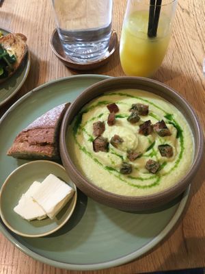 Cauliflower soup with croutons, sourdough bread and vegan butter  at Fint in Leeds