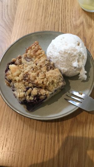 Vegan blueberry cake and vegan vanilla ice cream   at Fint in Leeds