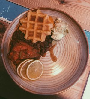 cornbread waffles, black beans, sweet potato, avo and the most amazing tofu! at Fint in Leeds