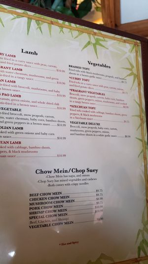Vegetable section on menu, March 2021. at Great Hunan in Winona