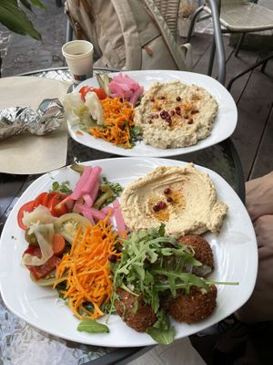 Super falafel mezze and aubergine dip sharer  at Mazaya Falafel - Starowiślna in Krakow