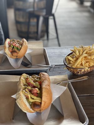 Vegan bangers with skinny fries at Bangers & Brews in Bend