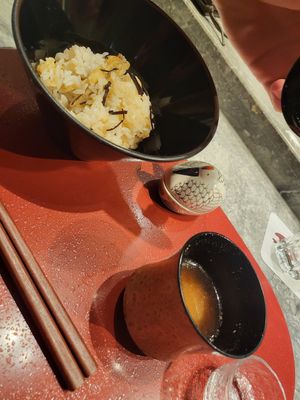 Fried Daikon and Rice. Miso Soup. Tsukudani Kombu at Sougo in Tokyo