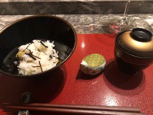 Rice with bean tempeh and miso soup. Really good and very cute presentation  at Sougo in Tokyo