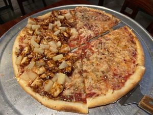 Half BBQ Chick’n and Half Cheese - vegan of course  at Setti's in Lake Worth