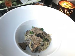 Vegan walnut truffle spaghetti (normal serving is three times the size). at La Bussola in West Singapore