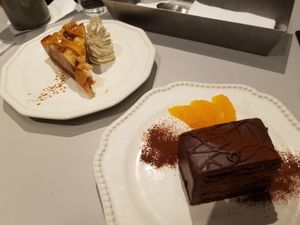 apple pie with whipped cream and chocolate cake at Futaba Fruits Parlor in Kawasaki