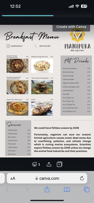 Breakfast menu   at Manipura Ethic Cafe & Bar in Baku