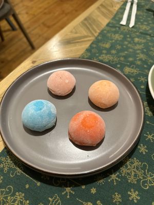 Mango, bubble gum, orange and strawberry mochi   at Manipura Ethic Cafe & Bar in Baku