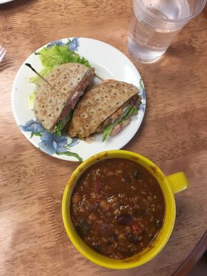 Vegan chili & Black Bean Burger at Foodworks - Guilford in Guilford