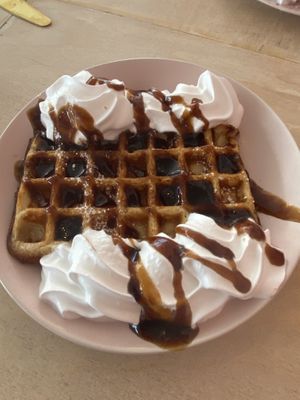 Waffle with vegan whipped cream und rhubarb jam  at Kattakaffihusid in Reykjavik