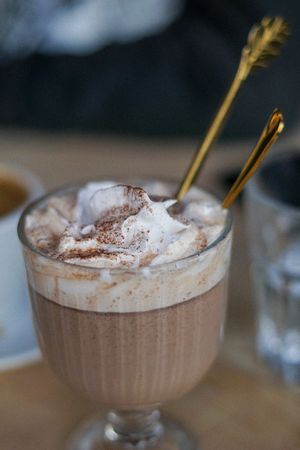 Hot chocolate with vegan whipped cream. at Kattakaffihusid in Reykjavik