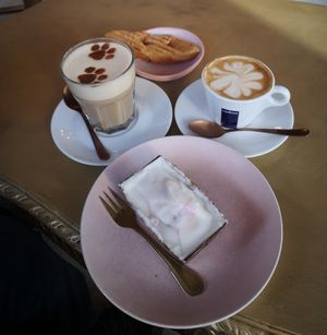 Chai latte, cappuccino, "donut" and lemon-blueberry pie at Kattakaffihusid in Reykjavik