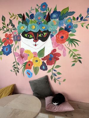 Cute mural,  cute cat  at Kattakaffihusid in Reykjavik