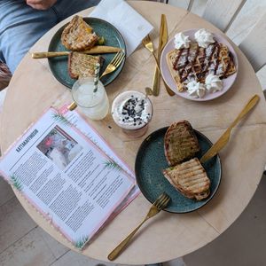 Toasted sandwiches (avocado and pesto), waffle with rhubarb jam, Hugo ice tea and licorice hot chocolate at Kattakaffihusid in Reykjavik