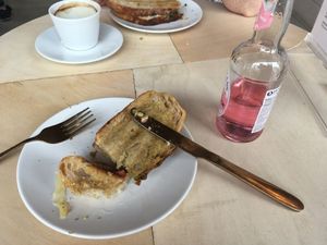 Vegan cheese toastie with rose lemonade  at Kattakaffihusid in Reykjavik