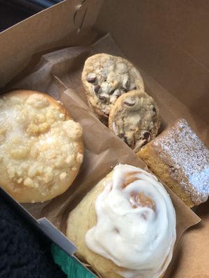 First treat box: offering 3 magic cookies, 1 cheese kolache, pumpkin coffee cake, and banana cinnamon roll  at Baked Vegan in Port Chester