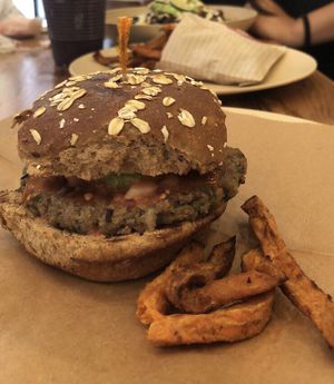 Whole wheat burger with vegan patty  at B.GOOD - Washington St in Boston