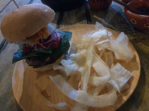 Veggie burger was tasty! A tad on the sweet side but nonetheless delicious at Pook Chuuk in Tulum