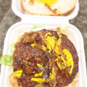 No bull burger with onions and mustard- delicious  at Vegano - Food Truck in Newcastle Upon Tyne