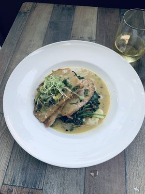 Pan-seared seitan piccata with a white wine-lemon-caper sauce? Yes, please and thank you.   at Blossom Restaurant on Columbus in New York City