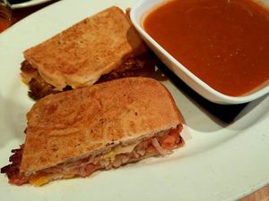 Grilled cheese and tomato-eggplant soup at Blossom Restaurant on Columbus in New York City