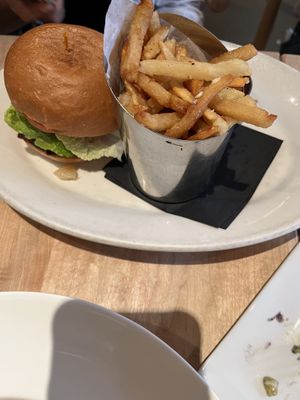 Beyond burger with garlic fries  at Blossom Restaurant on Columbus in New York City