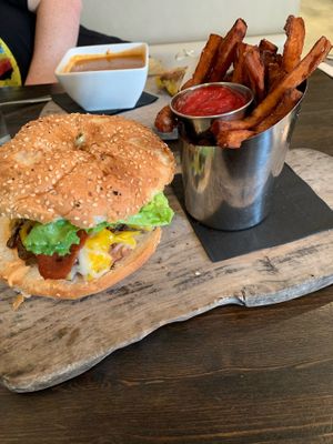 Bacon, cheese, lettuce, and tempeh sandwich with sweet potato fries and ketchup at Blossom Restaurant on Columbus in New York City