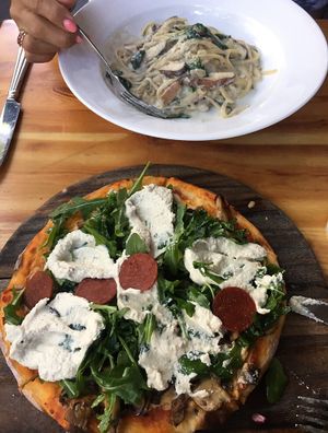 Bottom: WILD MUSHROOM pizza with pepperoni (sooo good).   top:FETTUCCINI ALFREDO at Blossom Restaurant on Columbus in New York City
